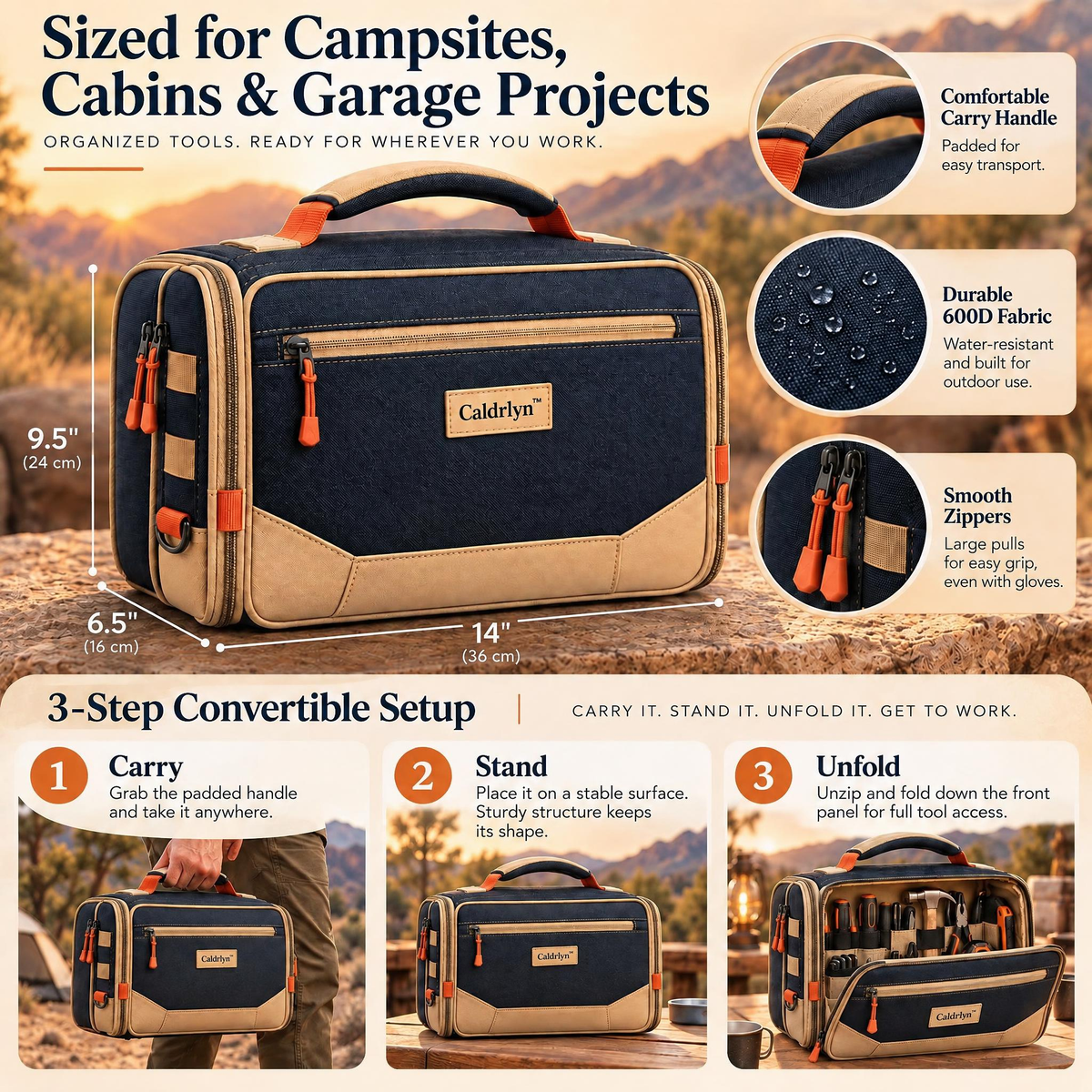 Caldrlyn™ Convertible Field Tool Organizer with Fold-Out Work Mat and Standing Caddy
