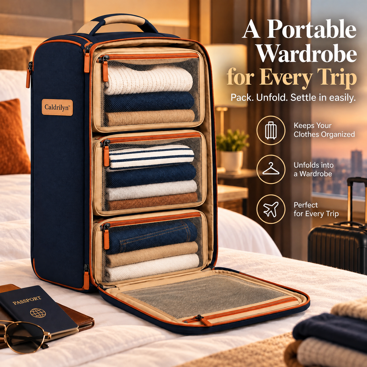 Caldrlyn™ Fold-Out Travel Wardrobe Organizer with Front-Access Compartments