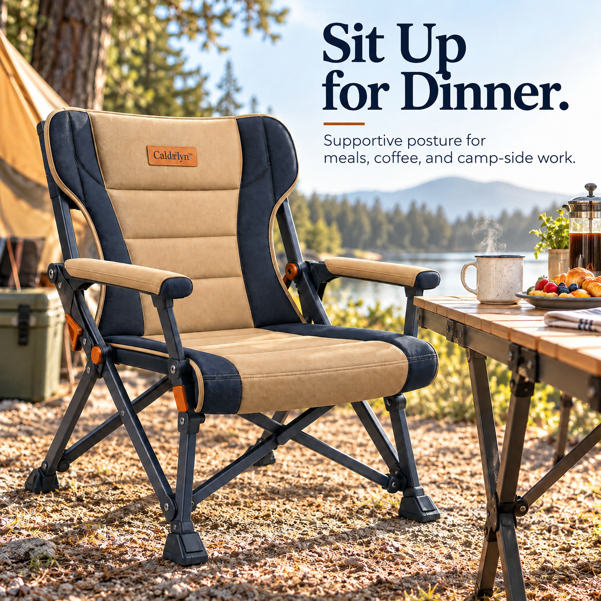 Caldrlyn™ Dual-Posture Folding Camp Chair with Adjustable Lounge Frame and Supportive Wraparound Backrest