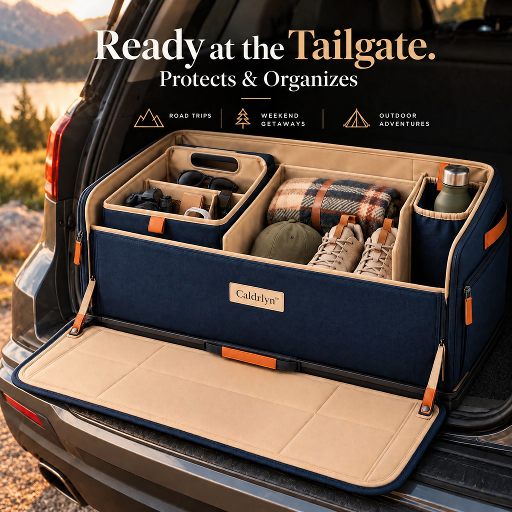 Caldrlyn™ Pull-Forward Trunk Organizer with Lift-Out Caddy and Fold-Down Bumper Mat