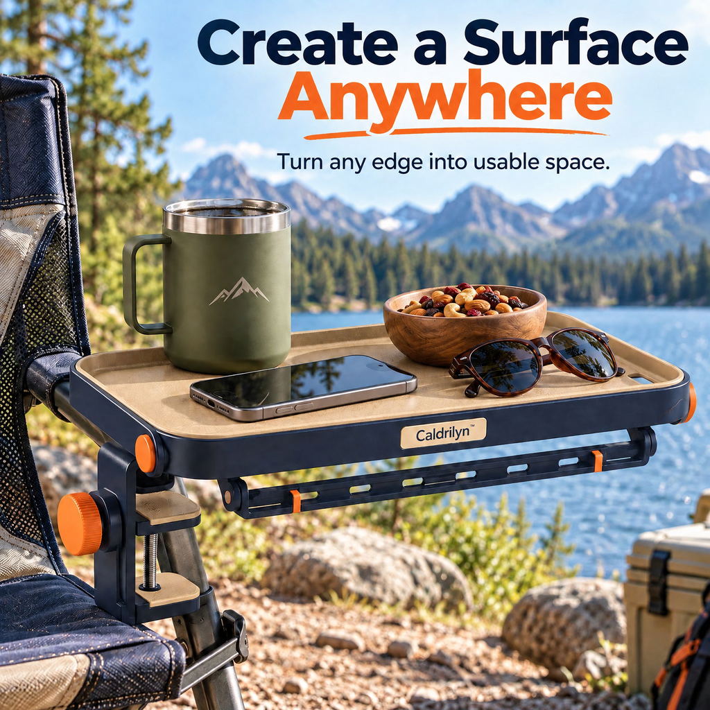 Caldrlyn™ Convertible Clamp-On Outdoor Utility Shelf with Gear Rail and Fold-Flat Carry Design
