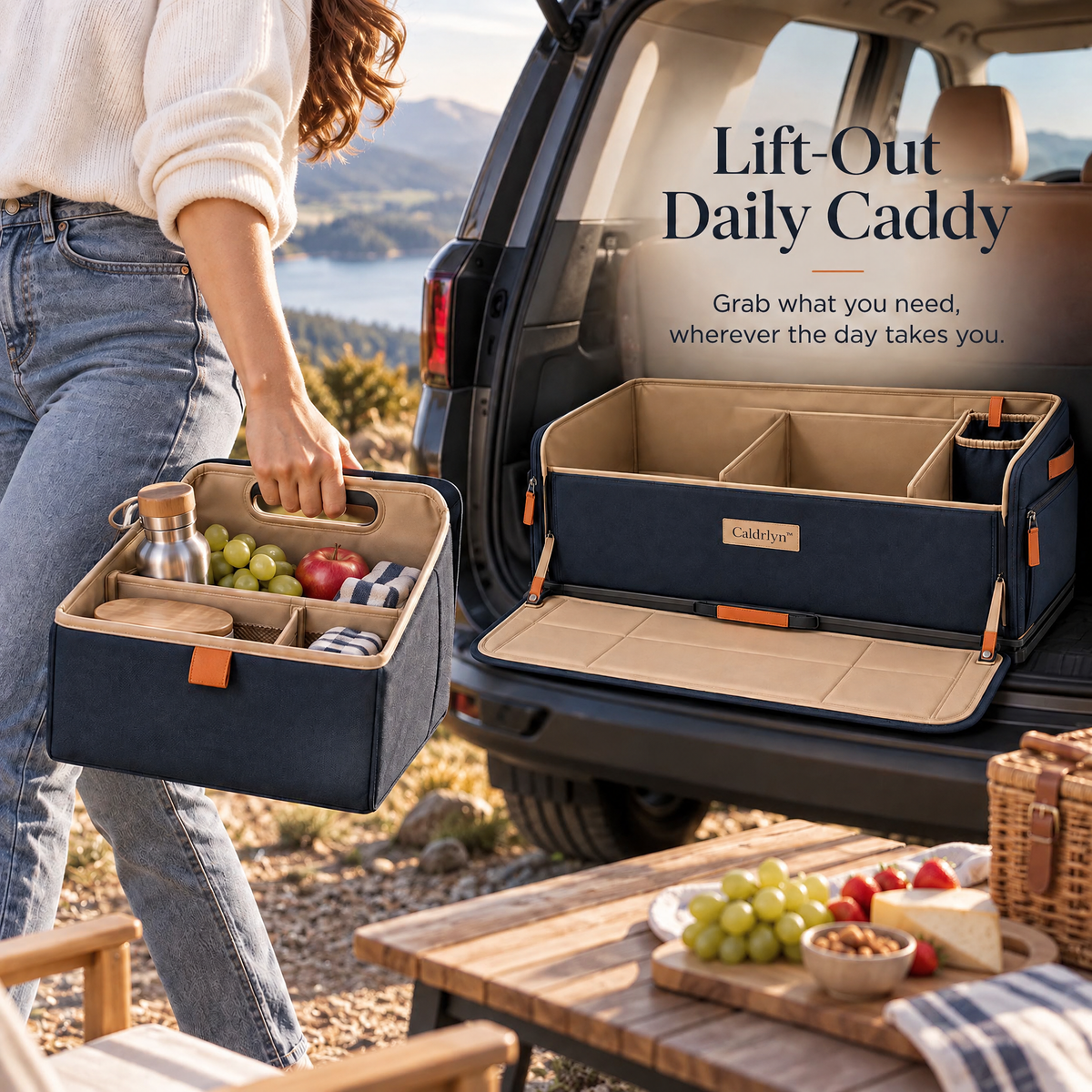 Caldrlyn™ Pull-Forward Trunk Organizer with Lift-Out Caddy and Fold-Down Bumper Mat