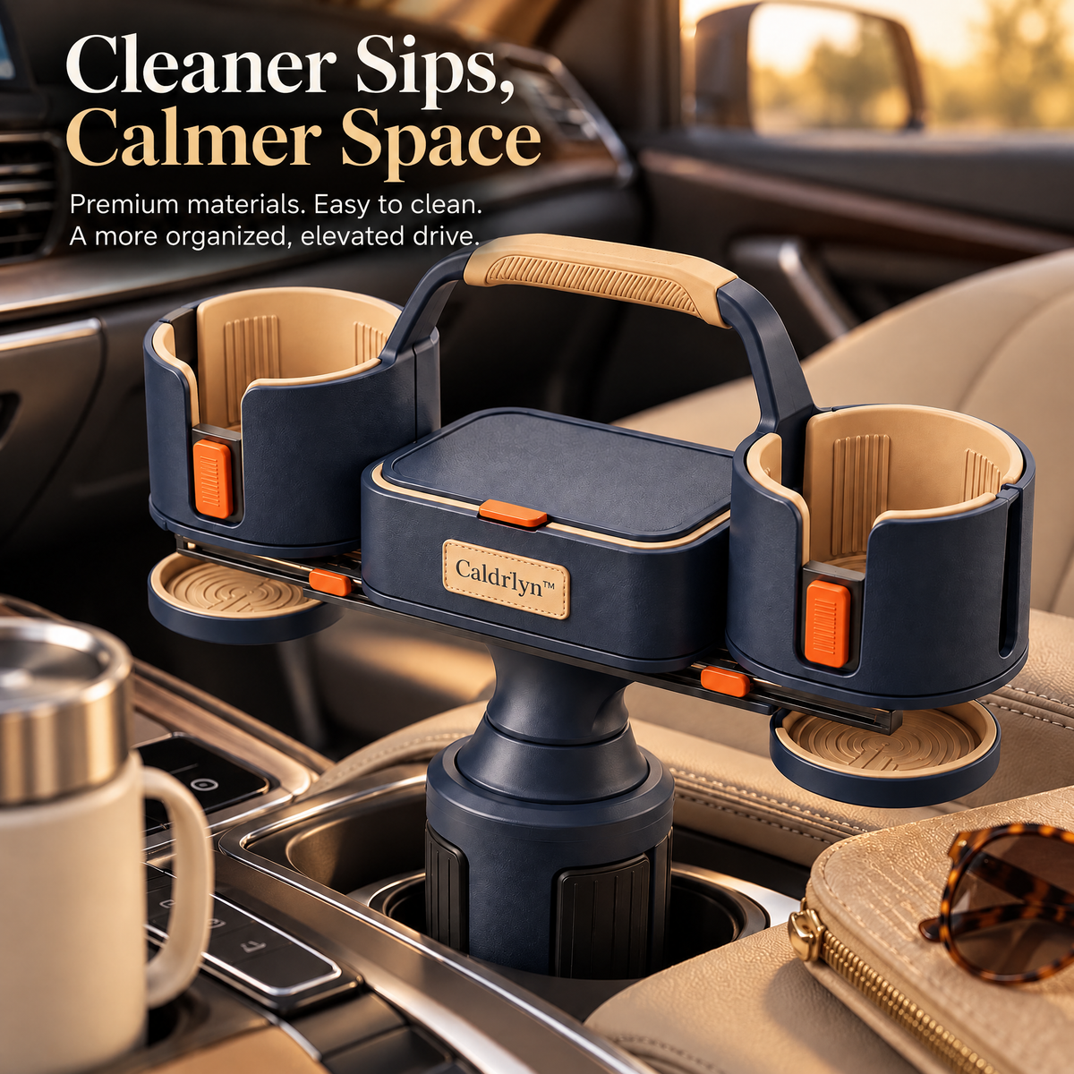 Caldrlyn™ Sliding Console Beverage Organizer with Adjustable Cup Bays and Lift-Out Travel Caddy