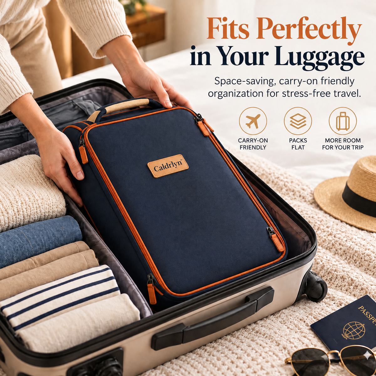 Caldrlyn™ Fold-Out Travel Wardrobe Organizer with Front-Access Compartments