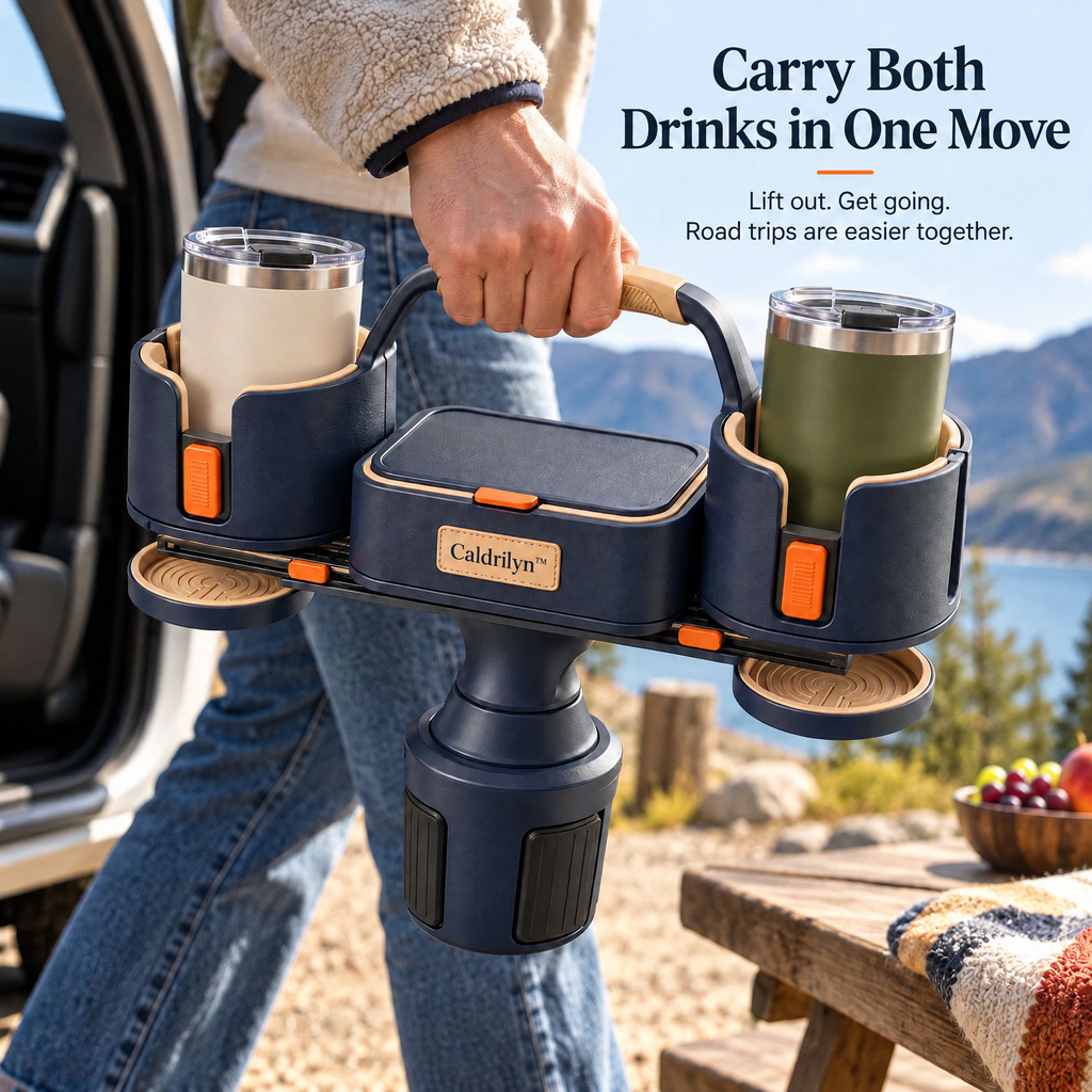 Caldrlyn™ Sliding Console Beverage Organizer with Adjustable Cup Bays and Lift-Out Travel Caddy