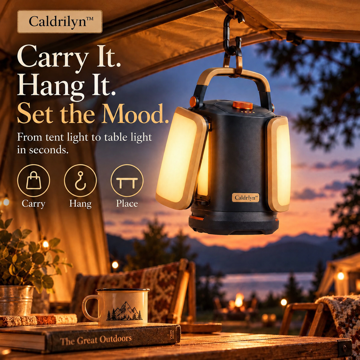 Caldrlyn™ Convertible Ambient & Task Camping Lantern with Rotating Light Panels