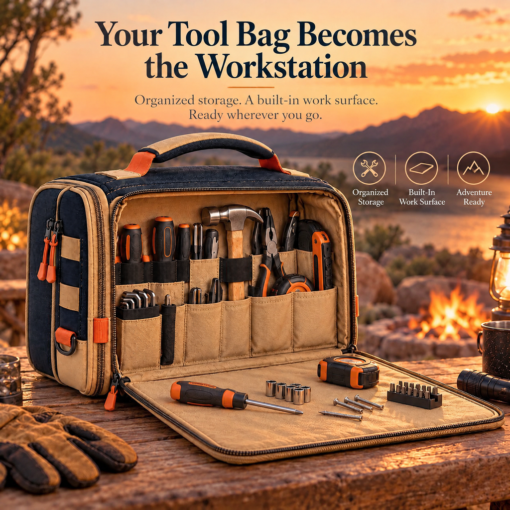 Caldrlyn™ Convertible Field Tool Organizer with Fold-Out Work Mat and Standing Caddy