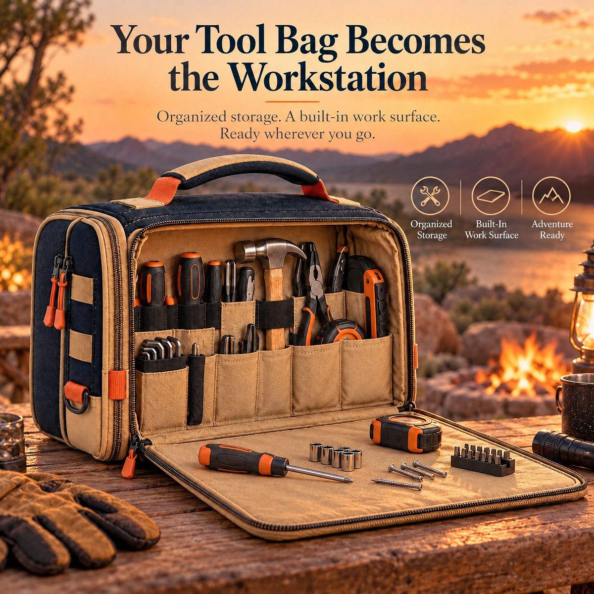 Caldrlyn™ Convertible Field Tool Organizer with Fold-Out Work Mat and Standing Caddy