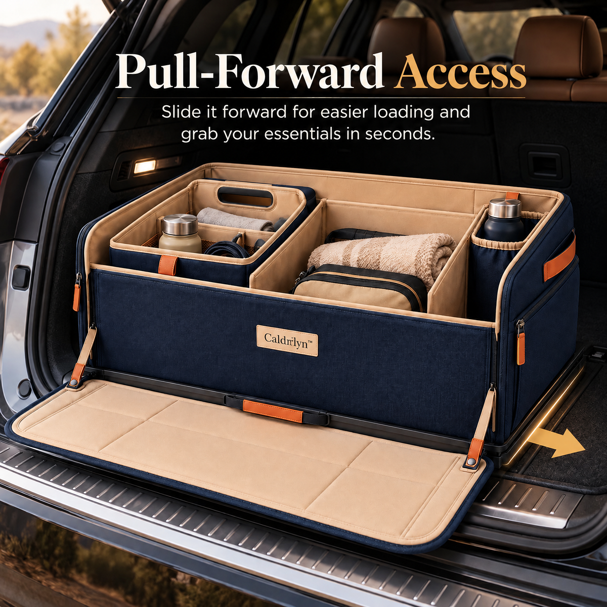 Caldrlyn™ Pull-Forward Trunk Organizer with Lift-Out Caddy and Fold-Down Bumper Mat