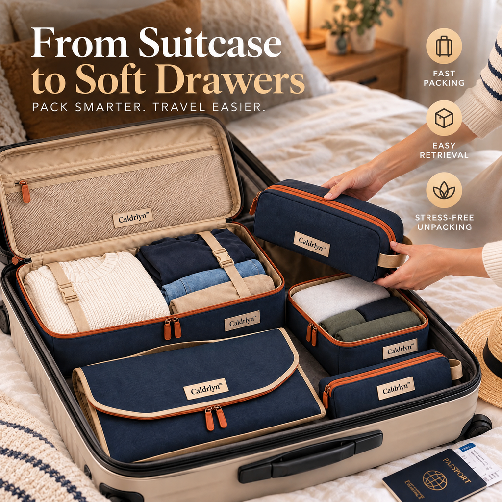 Caldrlyn™ Modular Travel Organization Set with Convertible Packing Trays and Destination Pouches
