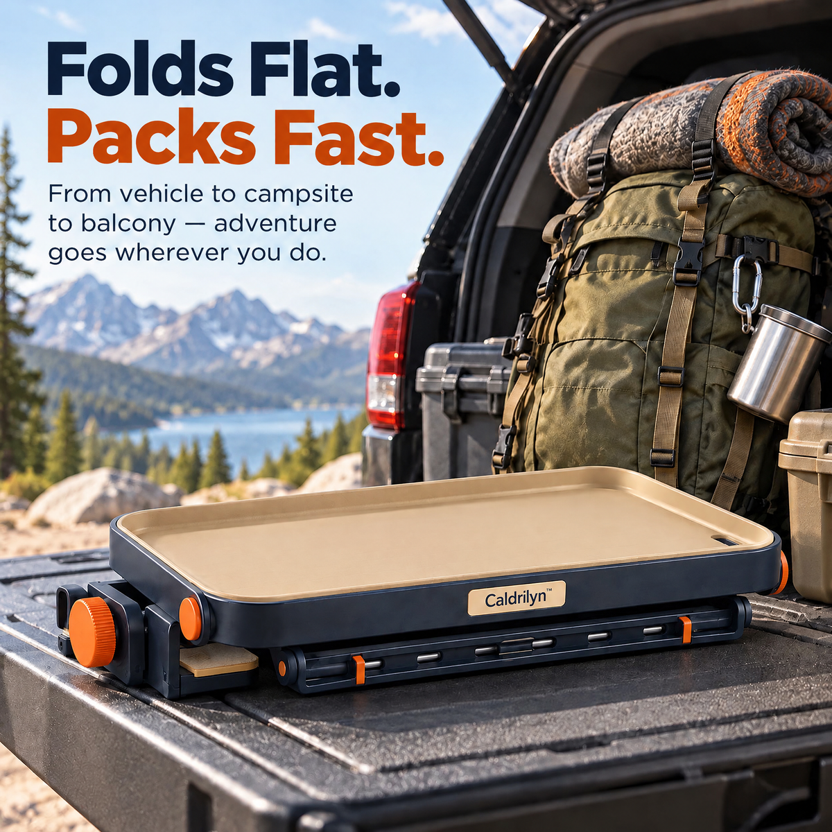 Caldrlyn™ Convertible Clamp-On Outdoor Utility Shelf with Gear Rail and Fold-Flat Carry Design