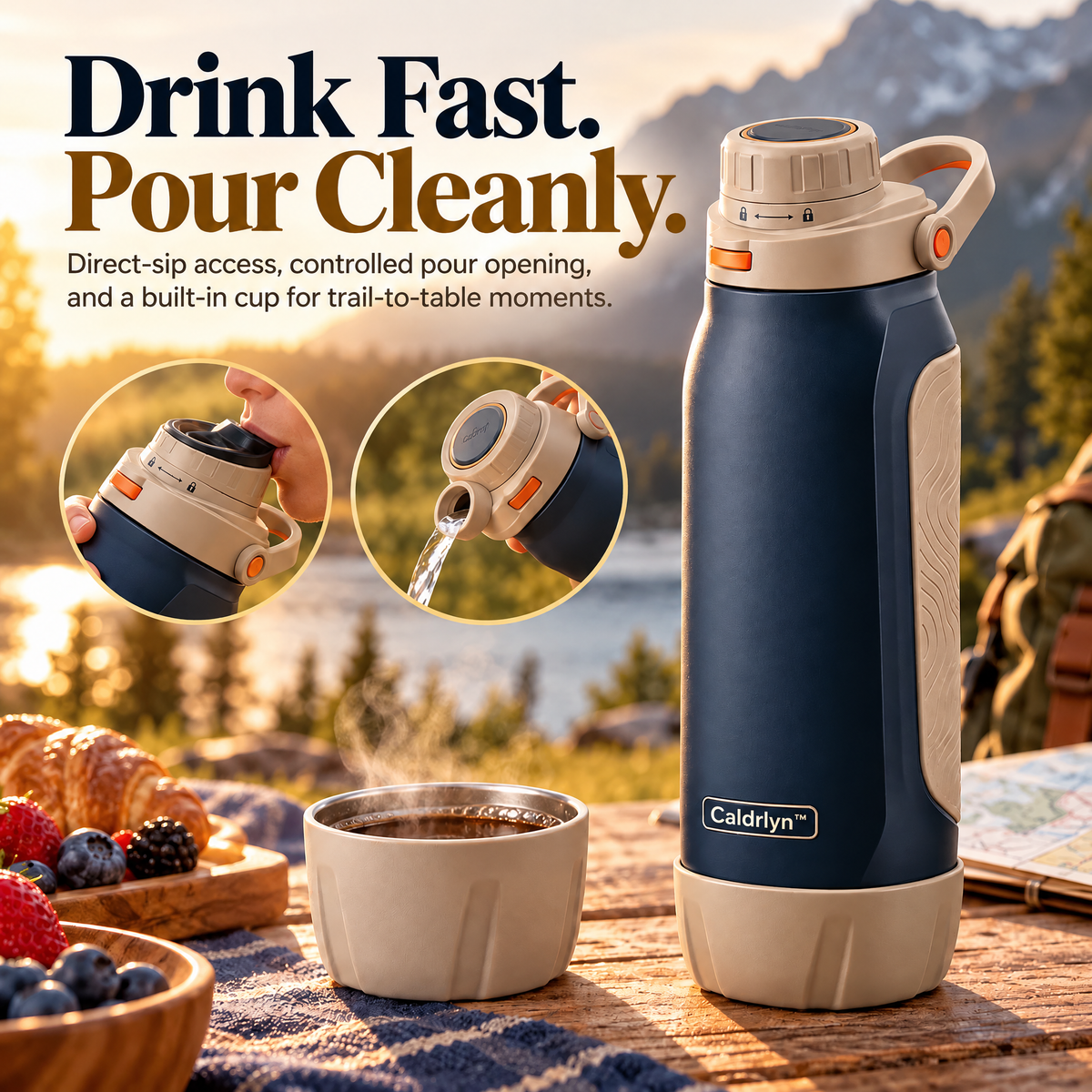 Caldrlyn™ Dual-Mode Trail & Table Water Bottle with Flat-Back Grip and Convertible Base Cup