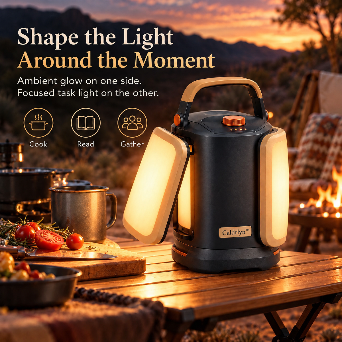 Caldrlyn™ Convertible Ambient & Task Camping Lantern with Rotating Light Panels