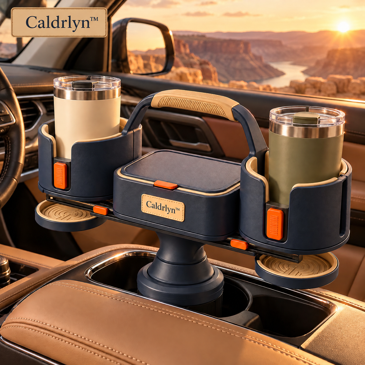 Caldrlyn™ Sliding Console Beverage Organizer with Adjustable Cup Bays and Lift-Out Travel Caddy
