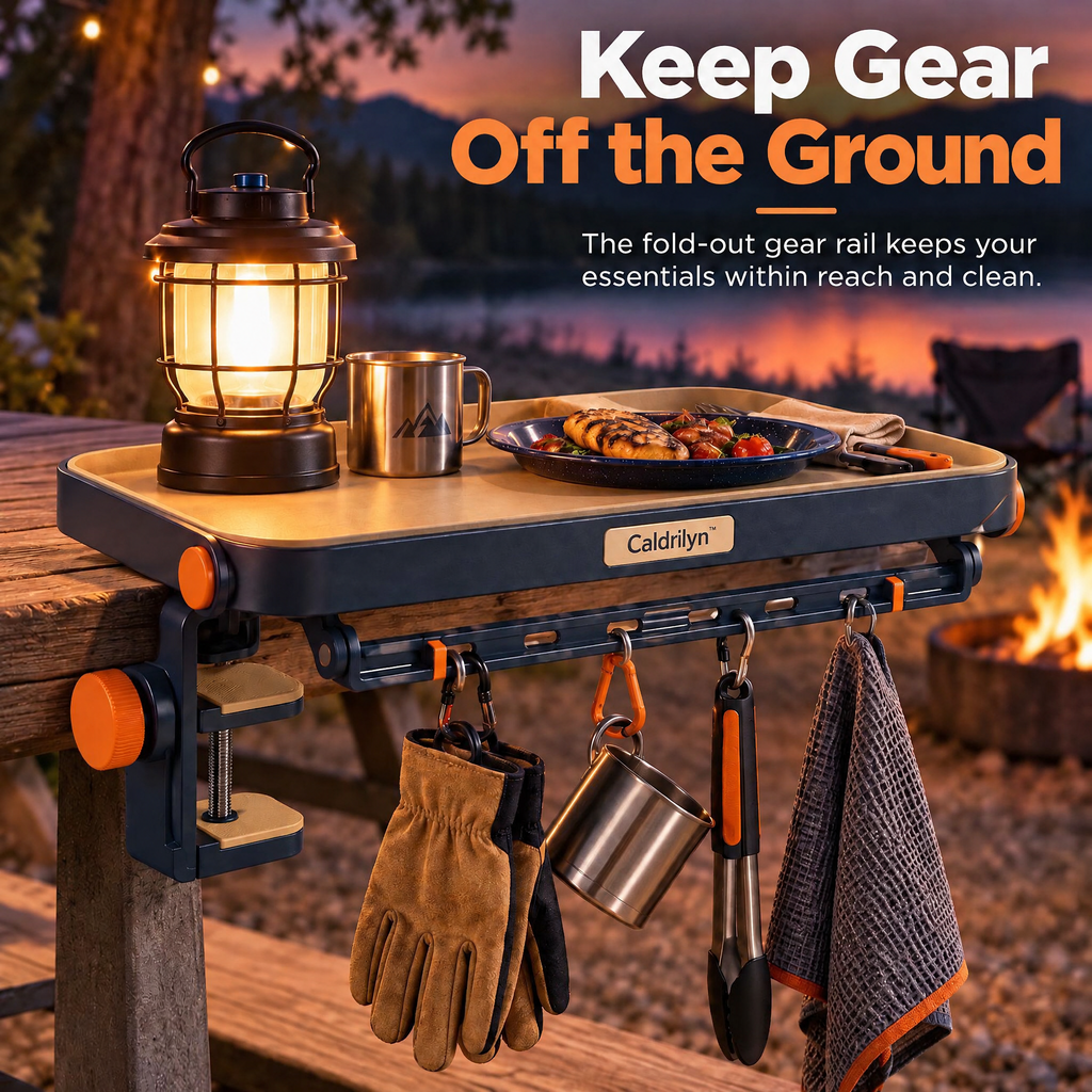 Caldrlyn™ Convertible Clamp-On Outdoor Utility Shelf with Gear Rail and Fold-Flat Carry Design