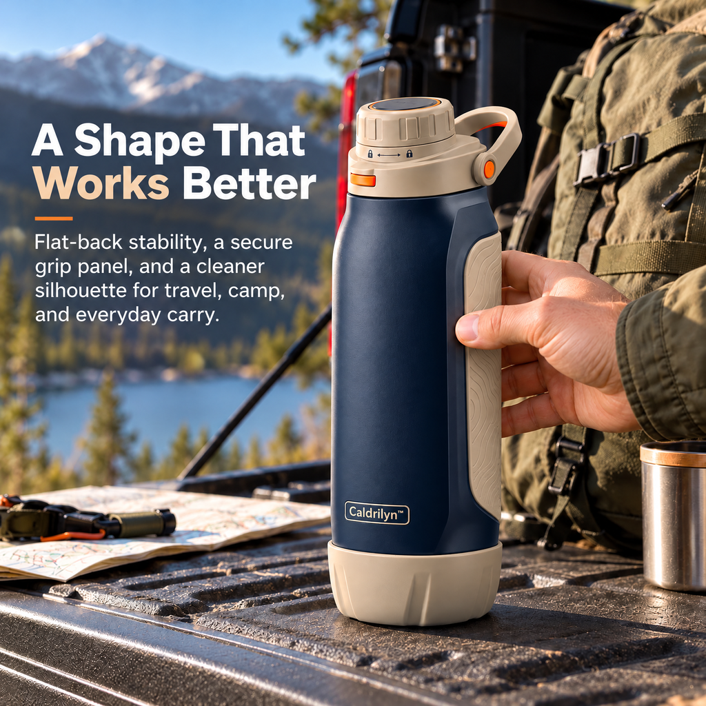 Caldrlyn™ Dual-Mode Trail & Table Water Bottle with Flat-Back Grip and Convertible Base Cup