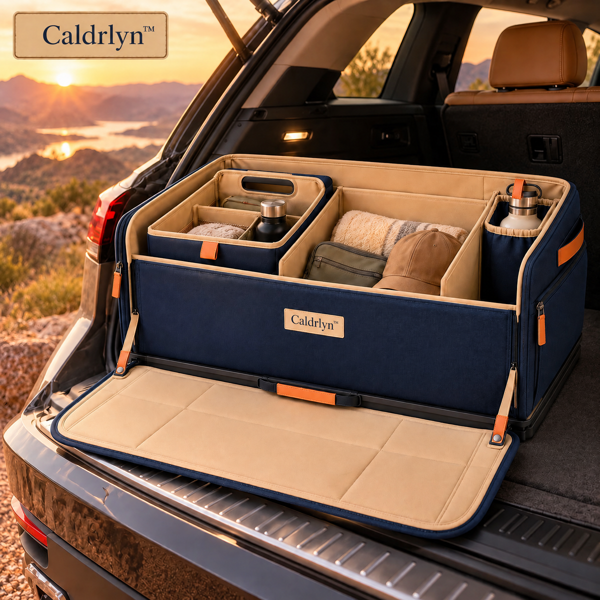Caldrlyn™ Pull-Forward Trunk Organizer with Lift-Out Caddy and Fold-Down Bumper Mat