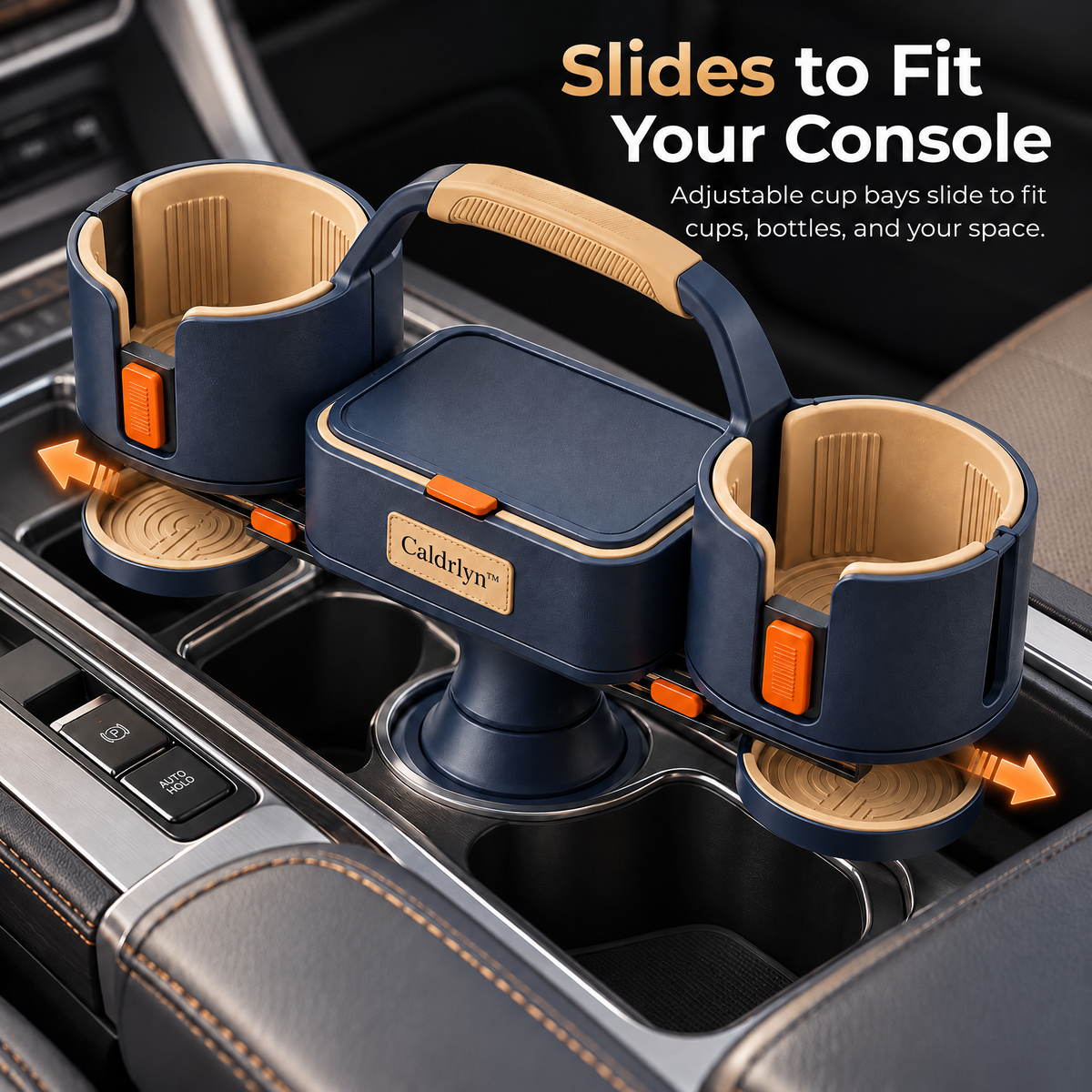 Caldrlyn™ Sliding Console Beverage Organizer with Adjustable Cup Bays and Lift-Out Travel Caddy