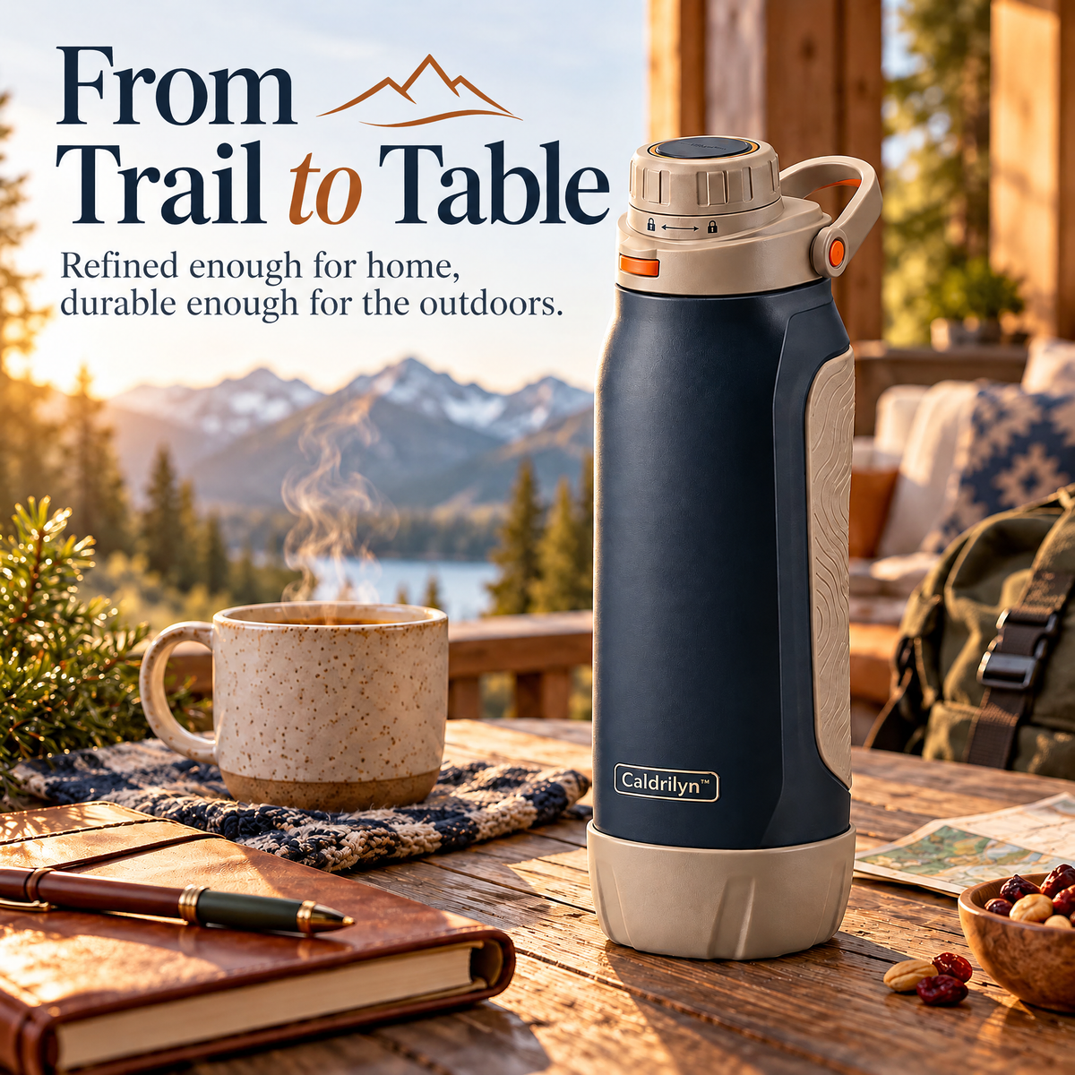 Caldrlyn™ Dual-Mode Trail & Table Water Bottle with Flat-Back Grip and Convertible Base Cup