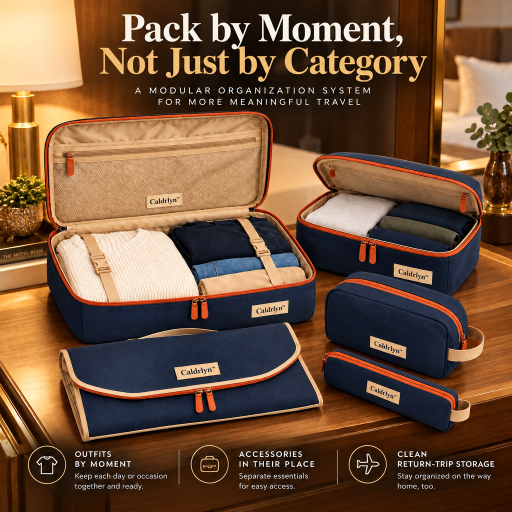 Caldrlyn™ Modular Travel Organization Set with Convertible Packing Trays and Destination Pouches